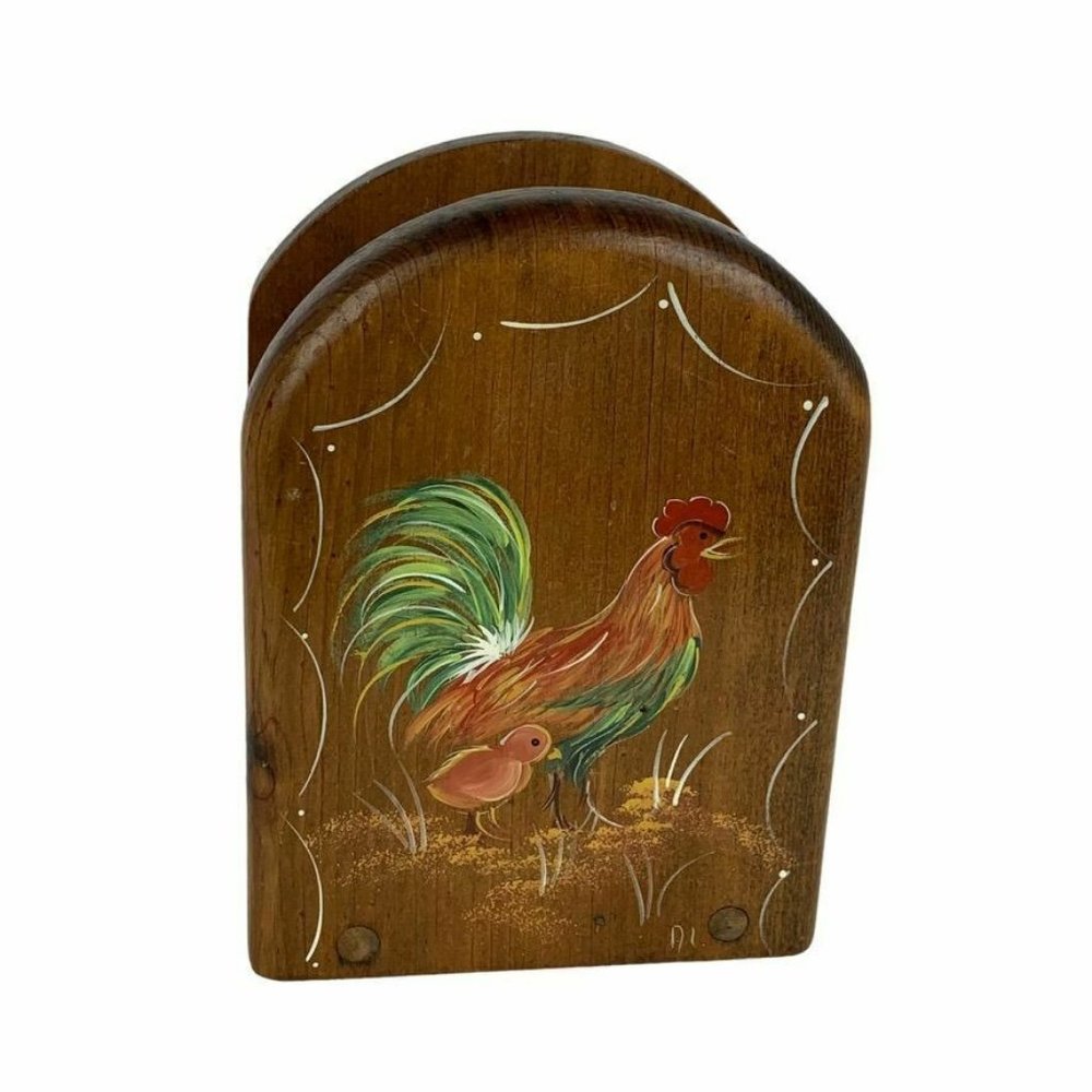 Handpainted Wood Napkin Holder Chicken & Chick Farmhouse Country‎ Rustic Signed